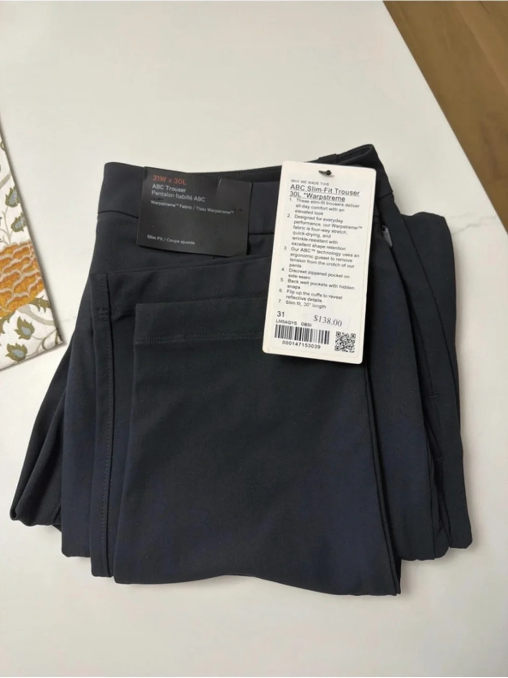 NWT Lululemon ABC Slim-Fit Trouser 30L *Warpstreme in Obsidian